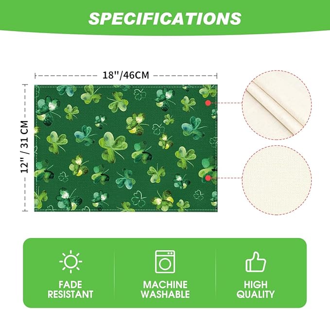 Artoid Mode Green Lucky Shamrock St. Patrick's Day Placemats Set of 4, 12x18 Inch Seasonal Spring Table Mats for Party Kitchen Dining Decoration