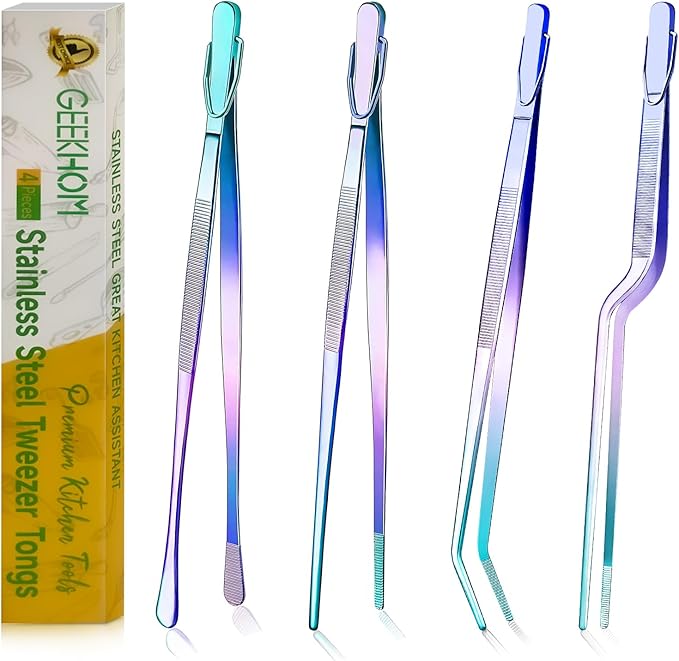 GEEKHOM Tweezer Tongs for Cooking, [4 Pack]12-inch Fine Long Food Tongs, Stainless Steel Kitchen Tweezers, Professional Chef Tongs for BBQ, Baking, Roasting, Dessert Decoration, Steak, Salad, Colorful