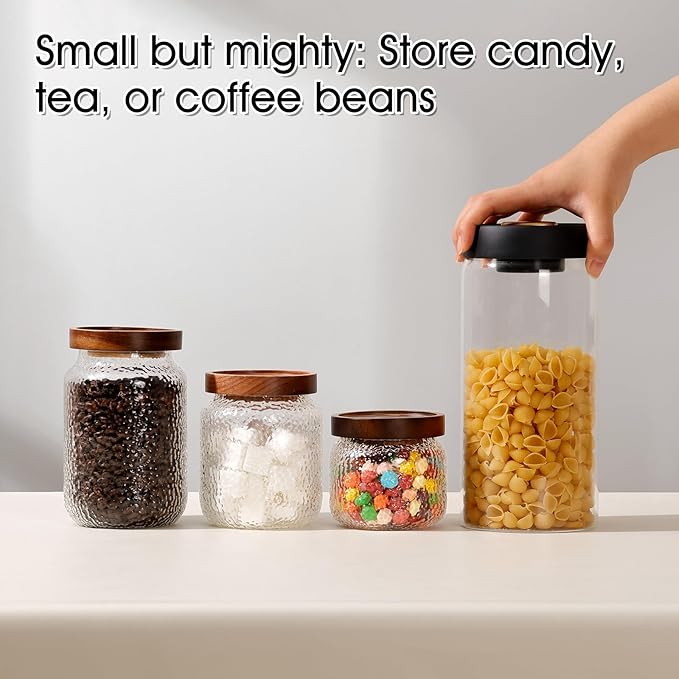 NUTRIUPS Glass Jars with Lids, Set of 3 Storage Jars with Airtight Lids Acacia Wood Top Glass Canisters - 10oz, 17oz, 24oz
