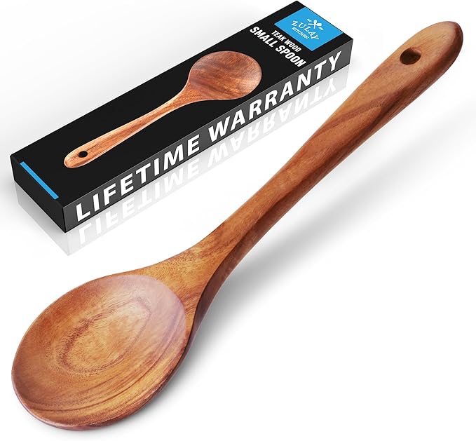 Zulay Kitchen 9.4" Teak Wooden Cooking Spoon ??Durable, Non-Stick Wooden Utensil for Cooking, Stirring, Mixing & Serving ??Heat-Resistant, Smooth Finish Kitchen Spoon for Nonstick Cookware