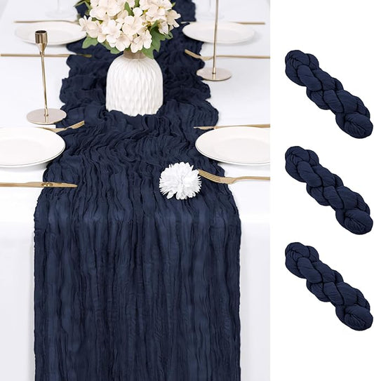 RealBox 3 Pack Navy Blue Cheesecloth Table Runner 17x108 Inch Semi Sheer Boho Gauze Cheese Cloth Fabric Table Runners Table Decor for Wedding Party Baby Shower Birthday Home Decor Garden Farmhouse