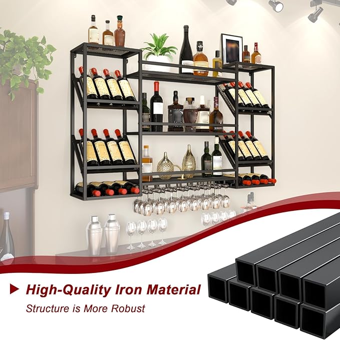Wall-Mounted Wine Rack, 3-Tier Wine Bottle Display Shelf with Glass Holder, Metal Wine Rack Wall Mounted for Home Bar Kitchen Dining Room Coffee Shop (Black, 47in)