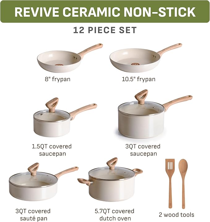 T-Fal Revive Ceramic Nonstick Cookware Set, Oven Safe Up to 350쨘F, 12-Piece, Includes Stockpot, Saucepan, Skillet, Frying Pans, Utensils, Ceramic Pots and Pans Set, Beige Granite