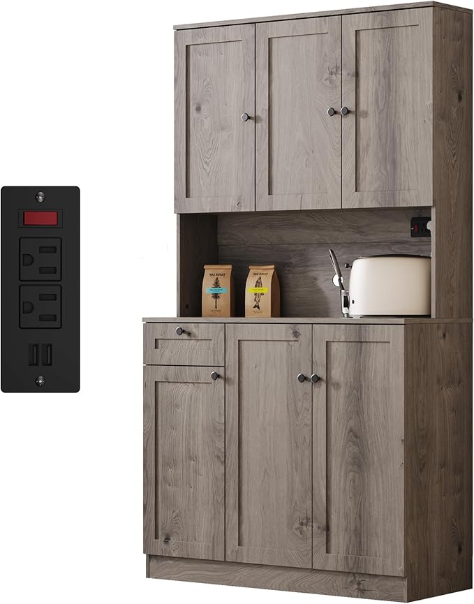 71" Pantry Cabinet with Charging Station, Tall Kitchen Pantry Storage Cabinet with Microwave Stand, Farmhouse Kitchen Hutch with Storage Drawer for Living Room, Dining Room, Ash Grey