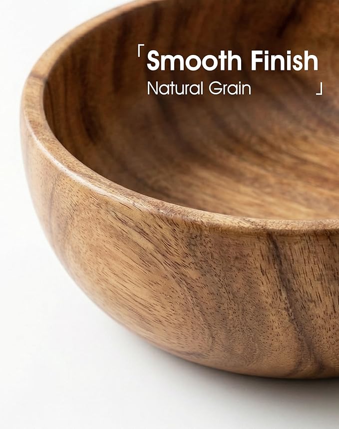 Acacia Wood Salad Bowl Set, 3-Piece Natural Solid Wood Serving Bowls, Handcrafted & Hand-Polished, Wooden Salad Bowls for Kitchen & Dining for Pasta, Yogurt, Fruit, Snacks & Gift Giving