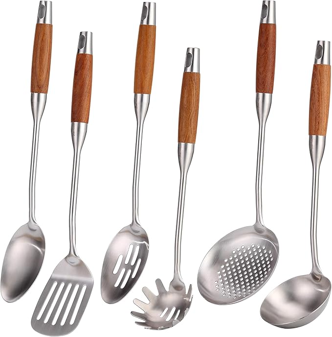 18/10 Stainless Steel Kitchen Utensils Set with Wood Handle - 15??Long Metal Cooking Tools - Serving Solid/Slotted Spoon, Tunner, Skimmer, Soup Ladle, Spaghetti Spoon, Large Spoons Set of 6