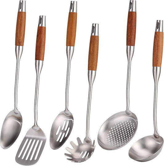 18/10 Stainless Steel Kitchen Utensils Set with Wood Handle - 15??Long Metal Cooking Tools - Serving Solid/Slotted Spoon, Tunner, Skimmer, Soup Ladle, Spaghetti Spoon, Large Spoons Set of 6