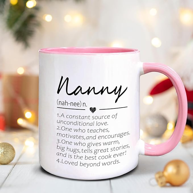 QASHWEY Nanny Definition Coffee Mug, Nanny Grandma Mother's Day Birthday Gifts for Granddaughter Grandson, Best Grandma Nanny Gifts Double Side Printed Ceramic Mug Cup 11 Ounce(Pink)