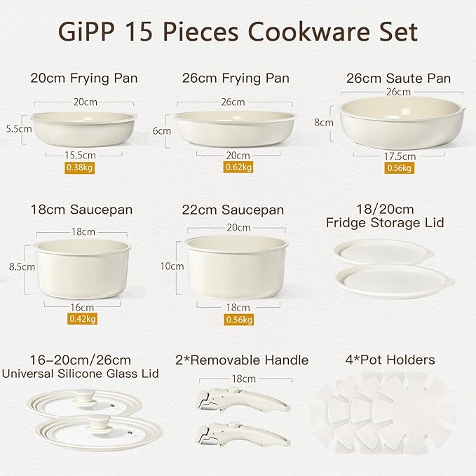GiPP Ceramic Pots and Pans Set Non Stick, Nonstick Detachable Handle Cookware Sets, Healthy Non Toxic PFAS PFOA & PTFE Free, Dishwasher 竊냀ven Safe, Induction Kitchen Pot and Pan, 15 Piece Cream