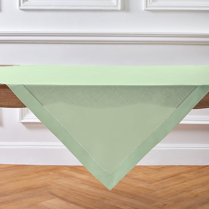 Solino Home Linen Tablecloth 52 x 52 Inch - 100% Pure Linen Light Green Square Tablecloth - Classic Hemstitch, Machine Washable Table Throw for Spring, Easter, St Patricks Day