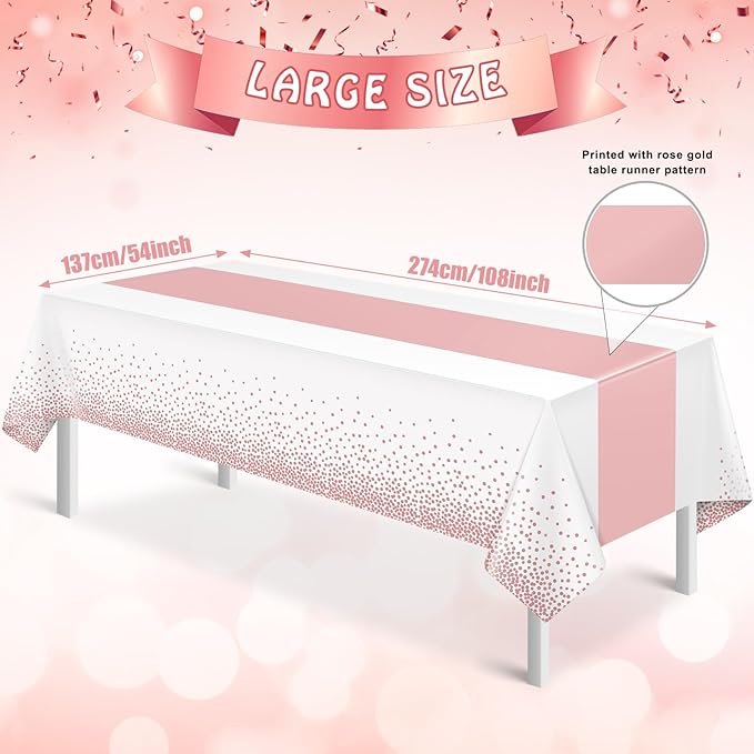 6Pcs White and Rose Gold Tablecloth Party Decorations,Plastic White Table Cloth Printed Rose Gold Table Runner Disposable Rectangle Table Cover for Birthday Anniversary Wedding Grad Party,54 x108 Inch