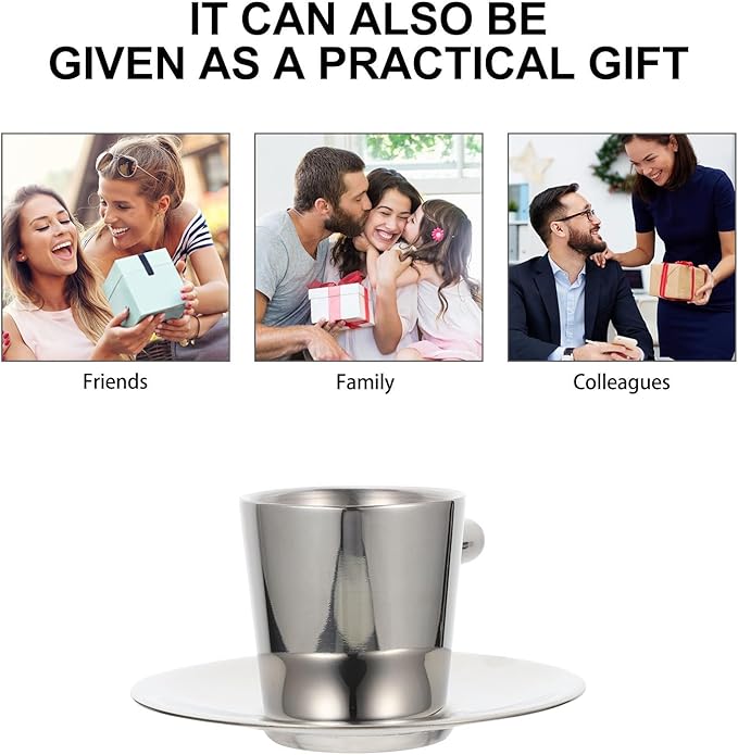 Double Layer Stainless Steel Espresso Coffee Cup and Saucer Set 80Ml Compact Tea Cup for Afternoon Tea and Milk with Heat Insulation, Sturdy Metal Drinkware Kit