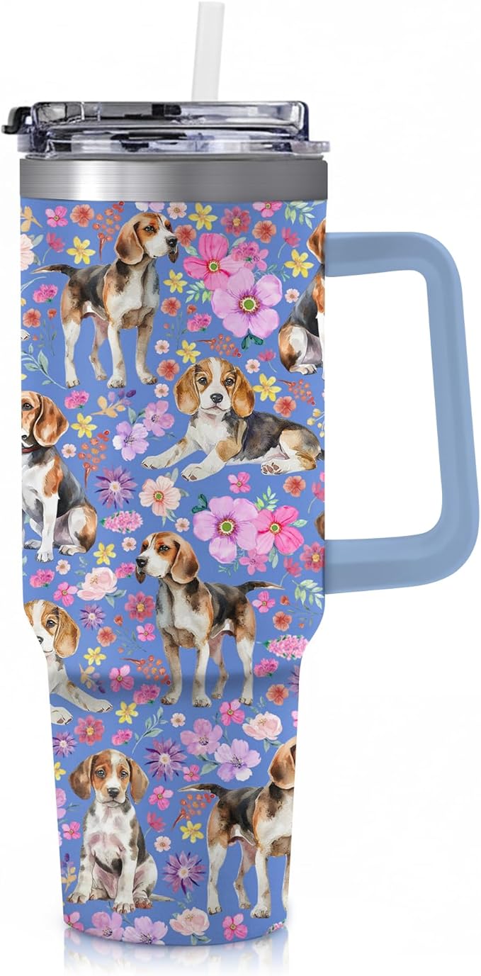 Yogusut Beagle Gifts for Women, 40oz Stainless Steel Insulated Tumbler Travel Mug Cup with Handle Straw, Gifts for Dog Mom Dog Lover