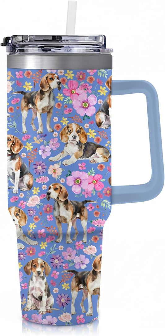 Yogusut Beagle Gifts for Women, 40oz Stainless Steel Insulated Tumbler Travel Mug Cup with Handle Straw, Gifts for Dog Mom Dog Lover