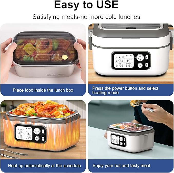 EDCREATY Cordless Electric Heated Lunch Box, 1.5L 6.3Cups 24000mAh Rechargeable Battery Self-Heating Lunch Box, Smart Timer, Even Heating, 100W Portable Food Warmer for Office, Picnic, Car, Outdoor