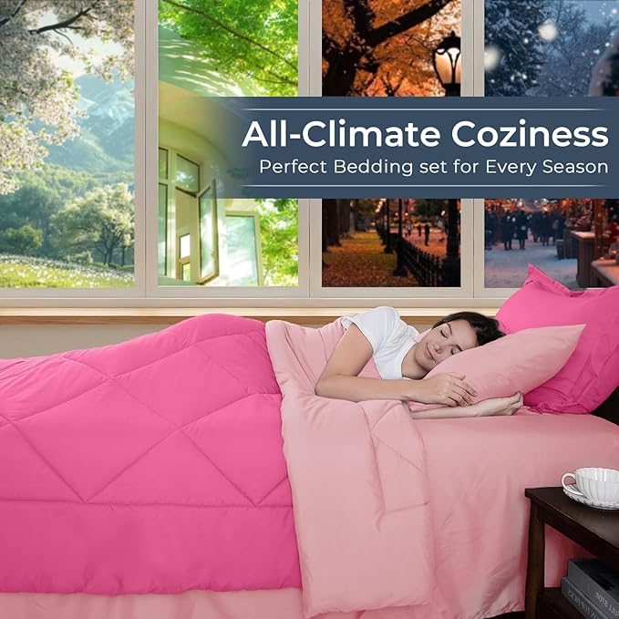 HEVUMYI Hot Pink & Baby Pink Full Comforter Set - 7-Piece All Season Bed in a Bag Full, Ultra Soft Bedding Set with Comforter, Flat Sheet, Fitted Sheet, Pillowcases, Pillow Shams