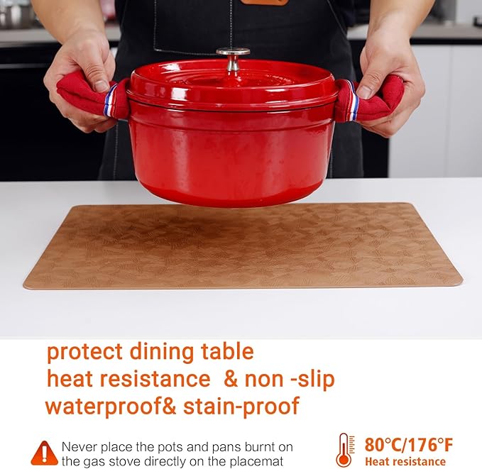Bxzandya Vinyl Placemats Set of 6 Heat Resistant Easy Clean Non-Slip Place Mats for Dining Table Faux Leather Waterproof Stain Resistant Wipeable Washable PVC Table Mats(6, Light Brown)