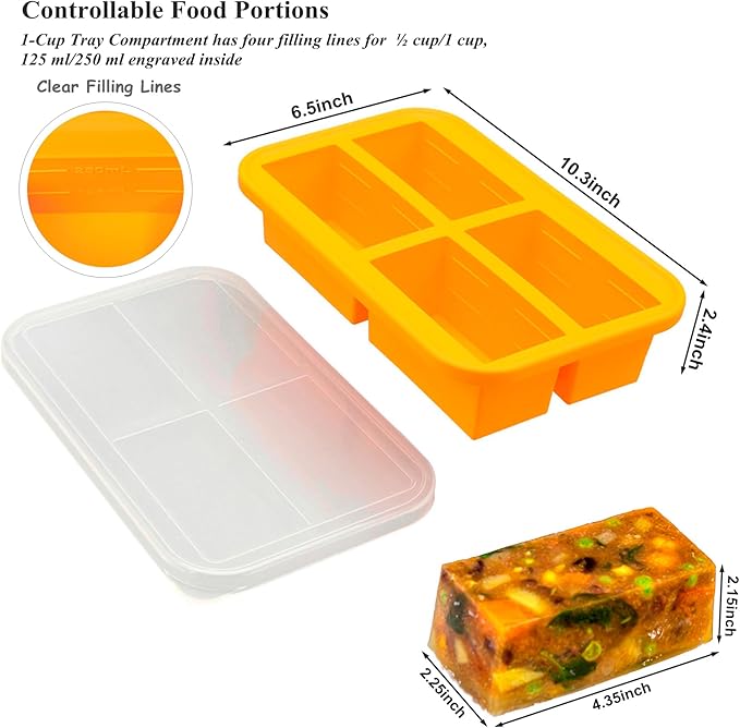 Bangp 1-Cup Silicone Freezing Trays with Lid,2 Pack,Easy-Release Silicone Freezer Molds for Soup Ice Cubes,Soup Freezer Molds,Freeze & Store Broth,Sauce,Leftovers - Makes 8 Perfect 1 Cup Portions
