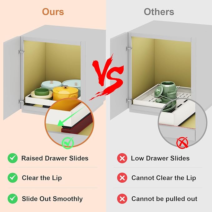 Pull out Cabinet Organizer,Expandable Width(11"-16"),Depth(17"-24") with 3 Rails,Roll out Drawers,No Drill Adjustable Slide out Shelves for Kitchen,Pantry,for Both Lip and Lip-Free Cabinets,Black(1PC)