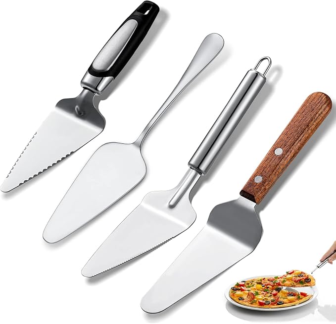 4 Pieces Pie Server Set Stainless Steel Pie Spatula Metal Cutter Serrated Cake Server Wood Handle Pizza Slicer Flatware Cake and Pastry Servers for Kitchen Cutting Serving Desserts