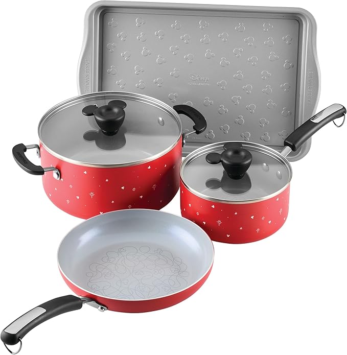 Farberware Disney Bon Voyage Ceramic Nonstick Pots and Pans Set with Baking Sheet/Cookie Pan and Disney Home Kitchen Tools, 8 Piece Non Stick Cookware Set - Red