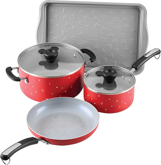 Farberware Disney Bon Voyage Ceramic Nonstick Pots and Pans Set with Baking Sheet/Cookie Pan and Disney Home Kitchen Tools, 8 Piece Non Stick Cookware Set - Red