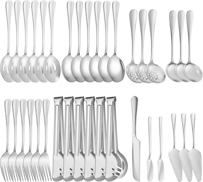 36-Piece Stainless Steel Serving Utensil Set ??Complete Buffet Essentials with Spoons, Forks, Tongs, Ladle & More. Perfect for Wedding, Holiday, Catering, and Family Gatherings(Silver)