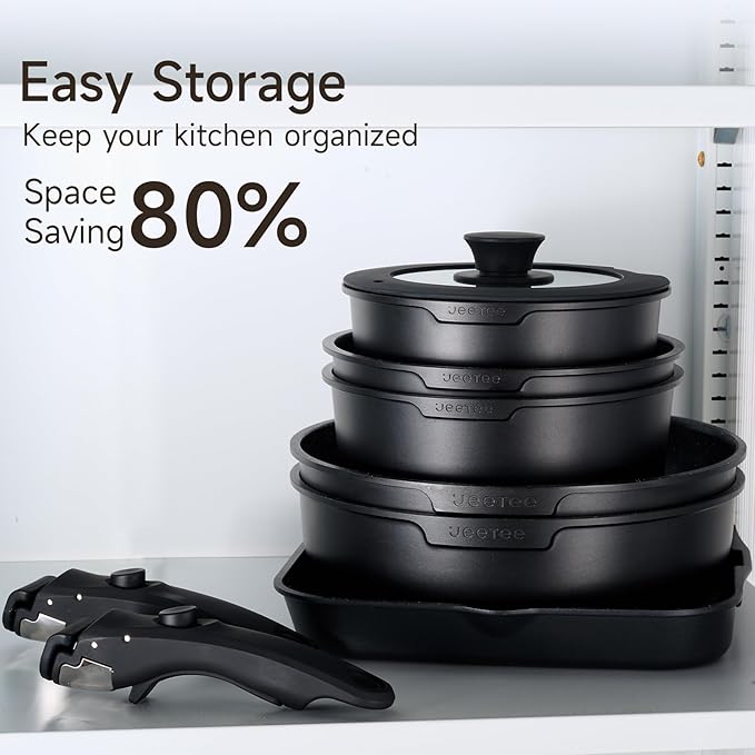 JEETEE 25pcs Pots and Pan Set Non Stick,Detachable Handle Cookware Set,Induction Cooking & RV Camping Stackable Pots Pans竊똇ealthy Kitchen Cookware Set PFAS/PFOA Free,Black