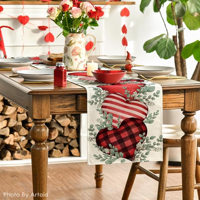 Artoid Mode Eucalyptus Hearts Valentine's Day Table Runner, Anniversary Holiday Kitchen Dining Table Decoration for Home Party Decor 13x36 Inch
