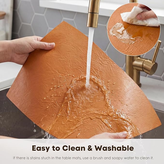 Artoid Mode Rust Faux Leather Placemats Set of 6, 12x18 Inch Waterproof Wipeable Heat Resistant Place Mats, Reversible Table Mats for Fall Kitchen Dining Decor