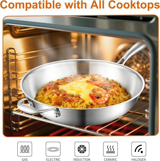 DELARLO Woks & Stir-Fry Pans, 13 in Stainless Steel Pan with Lid, With Side Ear, Large Cooking Surface, Tri-Ply Stainless Steel Wok Pan, 3 Layer Stainless Steel Saute Pan, Works on Induction, 600℉