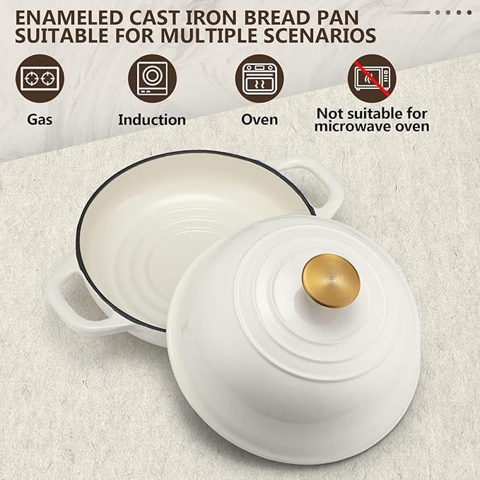 Tioncy Enameled Bread Dutch Oven with Lid for Sourdough Baking 6 Quart Round Cast Iron Dutch Oven Pot Bread Bakers for Christmas Kitchen Homemade Cookware Gifts Roasting Frying Cooking Stewing (White)