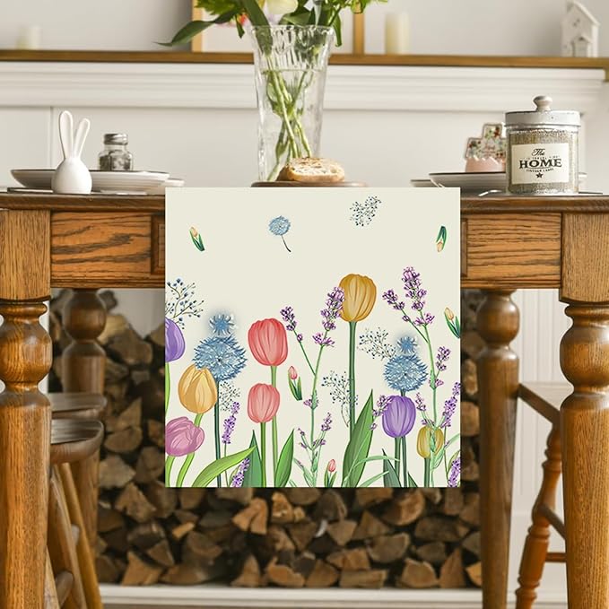 ZCHOMI Lavender Tulip Table Runner 13x72 Inch Seasonal Spring Summer Kitchen Dinning Table Decoration for Indoor Outdoor Home Party Decor