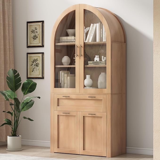 Itaar 71" Arched Kitchen Pantry Cabinet, Kitchen Storage Cabinets with 1 Large Drawer & Storage Cart 2 Tier & Door Shelves for Living Room, Dining Room, Natural