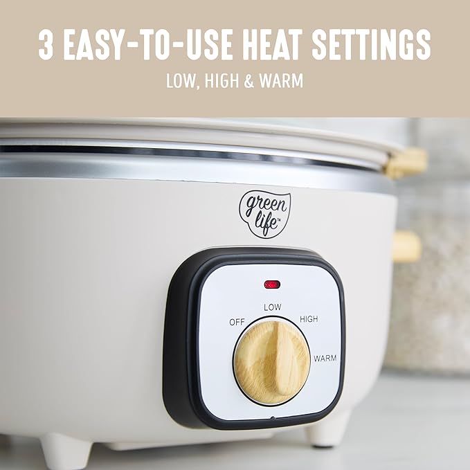 GreenLife 3.5QT Slow Cooker, PFAS-Free Non-Toxic Ceramic Nonstick Removable Interior Bowl, Programmable, Keep Warm, Stovetop & Oven Safe Pot, Dishwasher Safe Crock & Glass Lid, Cream