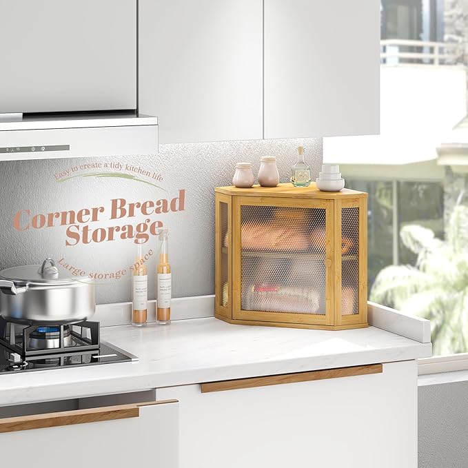 Corner Bread Box Kitchen Countertop Extra Large Capacity Farmhouse Bread Box, Corner Countertop Storage, Double Layer Bread Holder (Natural, Large)