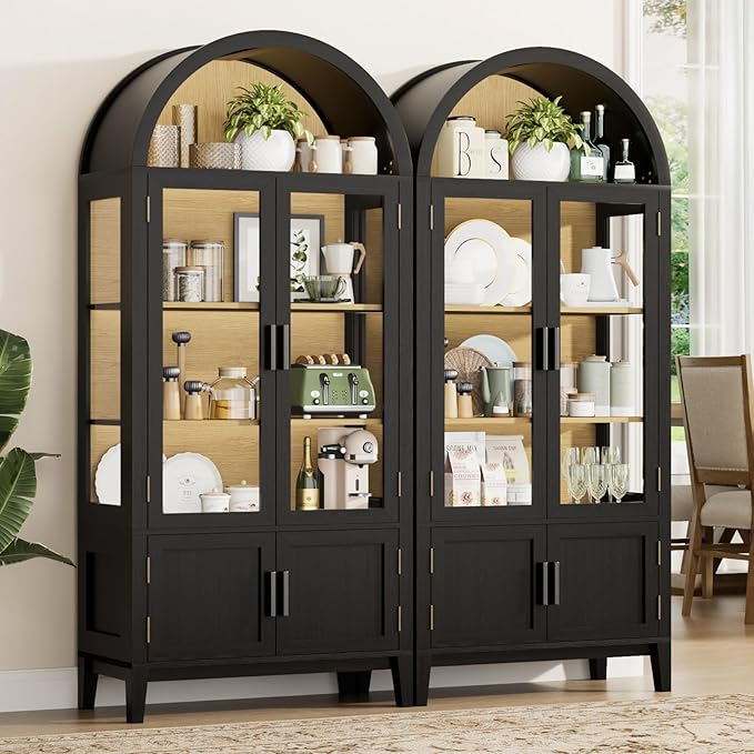 71" Kitchen Pantry Cabinet, Arched Bookcase China Pantry Storage Cabinet with Glass Doors and Shelves, Human Body Sensor, Versatile Cupboard for Kitchen, Living Room, Dining Room (Black)