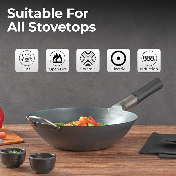 Restaurantware Carbon Steel Wok 1 Pack of 14 Inch Heavy-Duty Uniform Heat Distribution Pan Induction Compatible Round Bottom Wok Welded Handle Black For Gas Stovetops And Grills