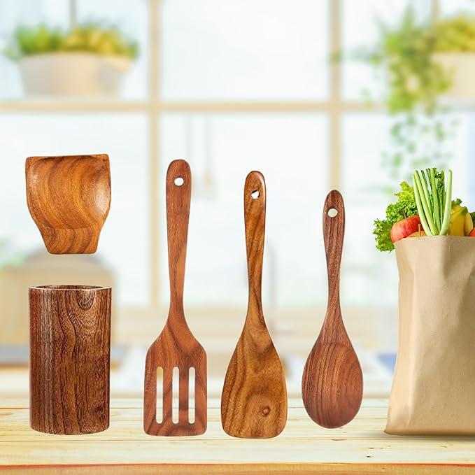 Wooden Spoons for Cooking - 5-Pcs Wooden Utensil Set - NonToxic Teak Cooking Utensil Sets - Heat Resistant Spatula with Utensil Holder with Spoon Rest - NonStick Wooden Cooking Utensils - A Gift