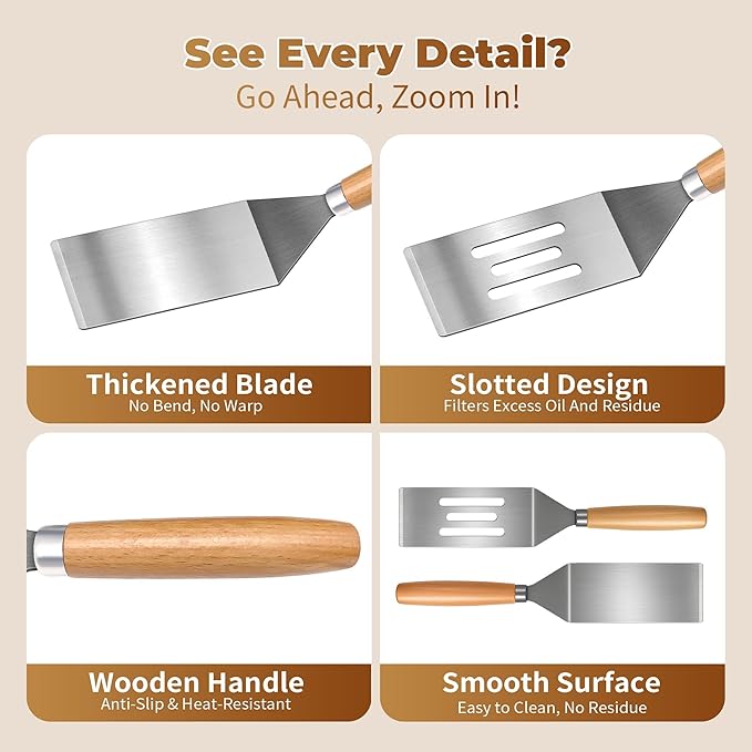 2-Piece Small Stainless Steel Spatula Set with Wooden Handles, Ideal for Flipping, Cooking, and Serving. Perfect for Brownies, Tiramisu, Cookies, Lasagna, and Pancakes.