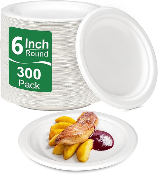 Small Paper Plates 6 Inch, Disposable Dessert Plates for Appetizer, Cake, White, 300 Pack