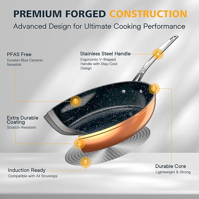 Nuwave 3-Piece 8?? 10?? 12??Forged Lightweight Frying Pan Set, G10 Healthy Duralon Blue Ceramic Ultra Non-Stick, Ergonomic Stay-Cool Handles, Induction-Ready & Works on All Cooktops