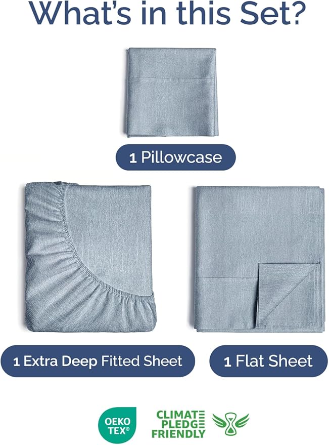 Extra Deep Pocket Twin Sheets - 3 Piece Breathable & Cooling Bed Sheets - Hotel Luxury Sheet Set - Soft, Wrinkle Free & Comfy - Easily Fits Extra Deep Mattresses - Deep Pocket Heathered Blue Sheets