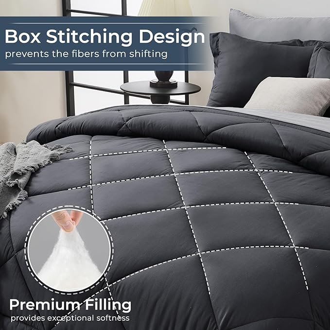 HEVUMYI Oversized Queen Comforter Set - 7-Piece All Season Bed in a Bag Oversized Queen, Ultra Soft Bedding Set with Comforter, Flat Sheet, Fitted Sheet, Pillowcases, Dark Grey & Light Grey