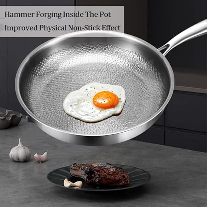Stainless Steel Hammered Pan Pro, Titanium Full-Screen Honeycomb Wok, Fast Heating, Non-Stick Titanium Pan Without Coating, Includes Spatula and Cleaning Brush for All Cooktops (9.5in hammered*1)