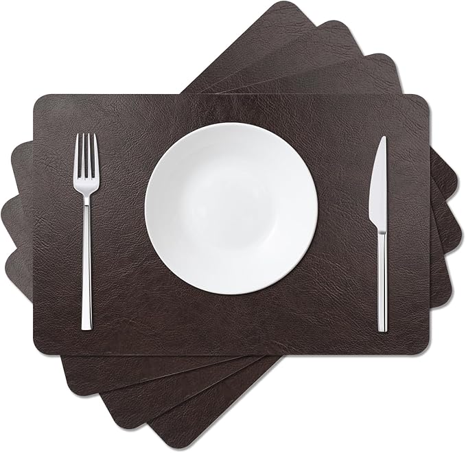 EDanle Cowhide Pattern Faux Leather Placemats Set of 4,Heat Resistant Non-Slip Waterproof Wipeable Washable Kitchen Dining PU Table Place Mats,Double-Sides Available,Black Brown