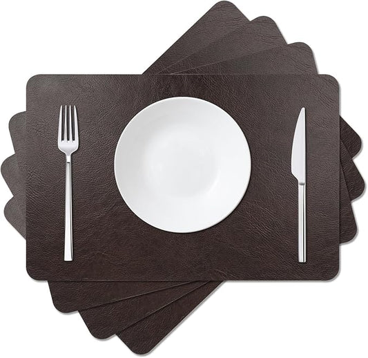 EDanle Cowhide Pattern Faux Leather Placemats Set of 4,Heat Resistant Non-Slip Waterproof Wipeable Washable Kitchen Dining PU Table Place Mats,Double-Sides Available,Black Brown