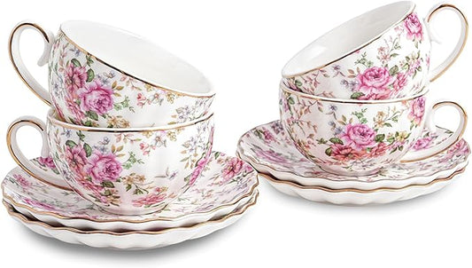 Tea Cup and Saucers, 6.4oz Floral Tea Cups with Gold Trim, Porcelain Teacup, Coffee Cappuccino Espresso Latte Mugs for Party Birthday,Party Cafe Home, Christmas Gift (White)