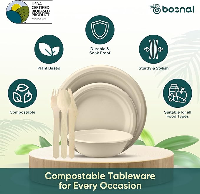 BOSNAL 10 inch & 7 inch Round Plates with 16 oz Bowls & Cutlery ??100% Plant-Based Sugarcane Bagasse, Eco-Friendly Disposable Dinnerware for Hot & Cold Meals, Microwave Safe, Durable & Compostable