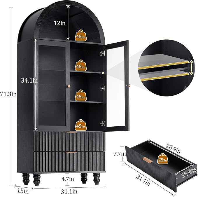71" Tall Arched Pantry Cabinet with Glass Door, Fluted Kitchen Storage Cabinets with Shelves and Large Drawers, Wooden Buffet Cabinet Credenza for Living Room, Entryway, Coffee Station, Black
